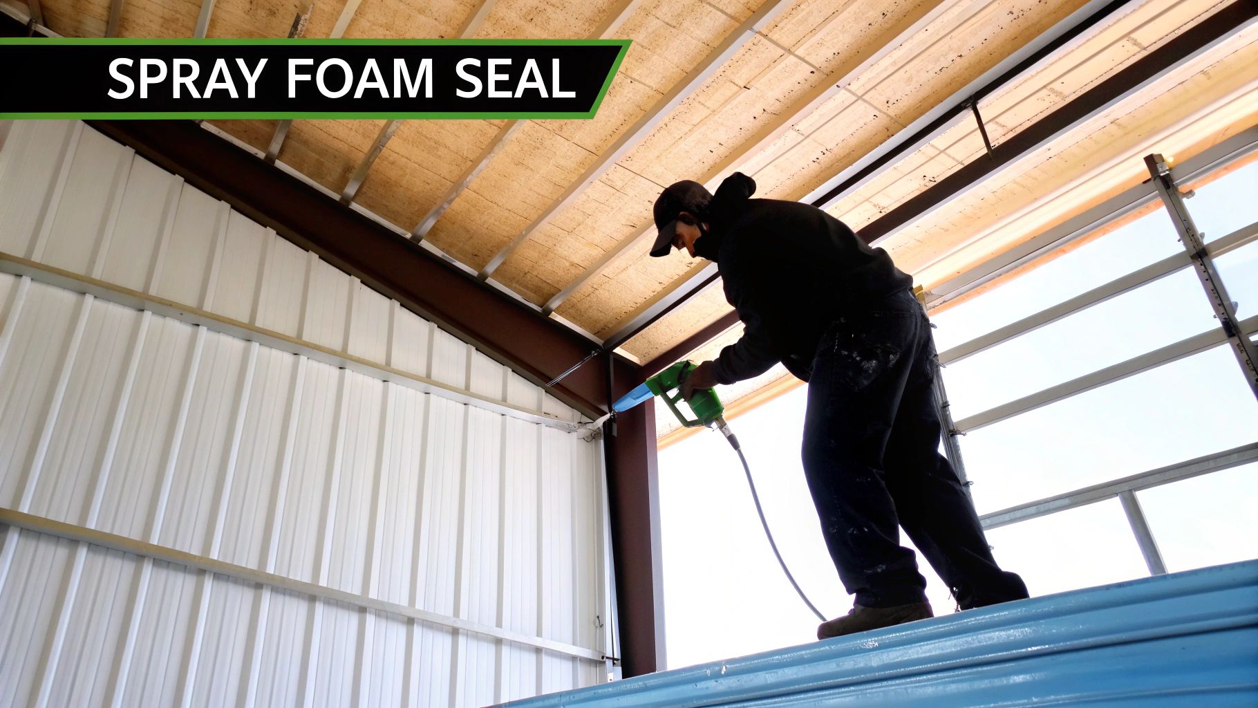 Worker applies spray foam seal to the ceiling of a metal building for insulation.