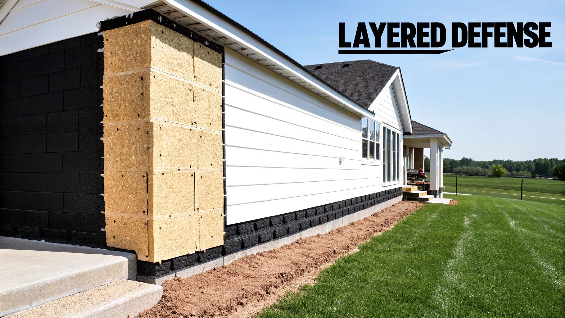 House exterior showing layered insulation over a black foundation, with white siding and text 'LAYERED DEFENSE'.
