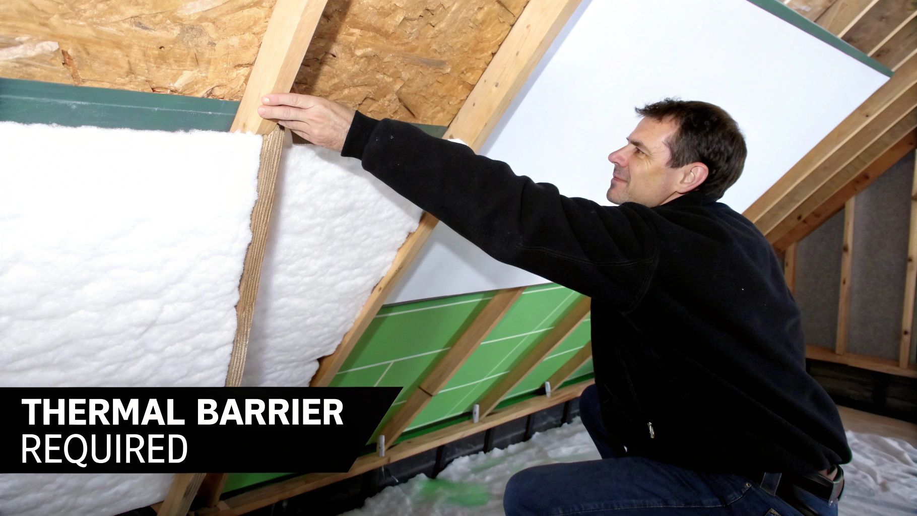 Contractor installing white thermal insulation barrier material between wooden roof rafters in attic