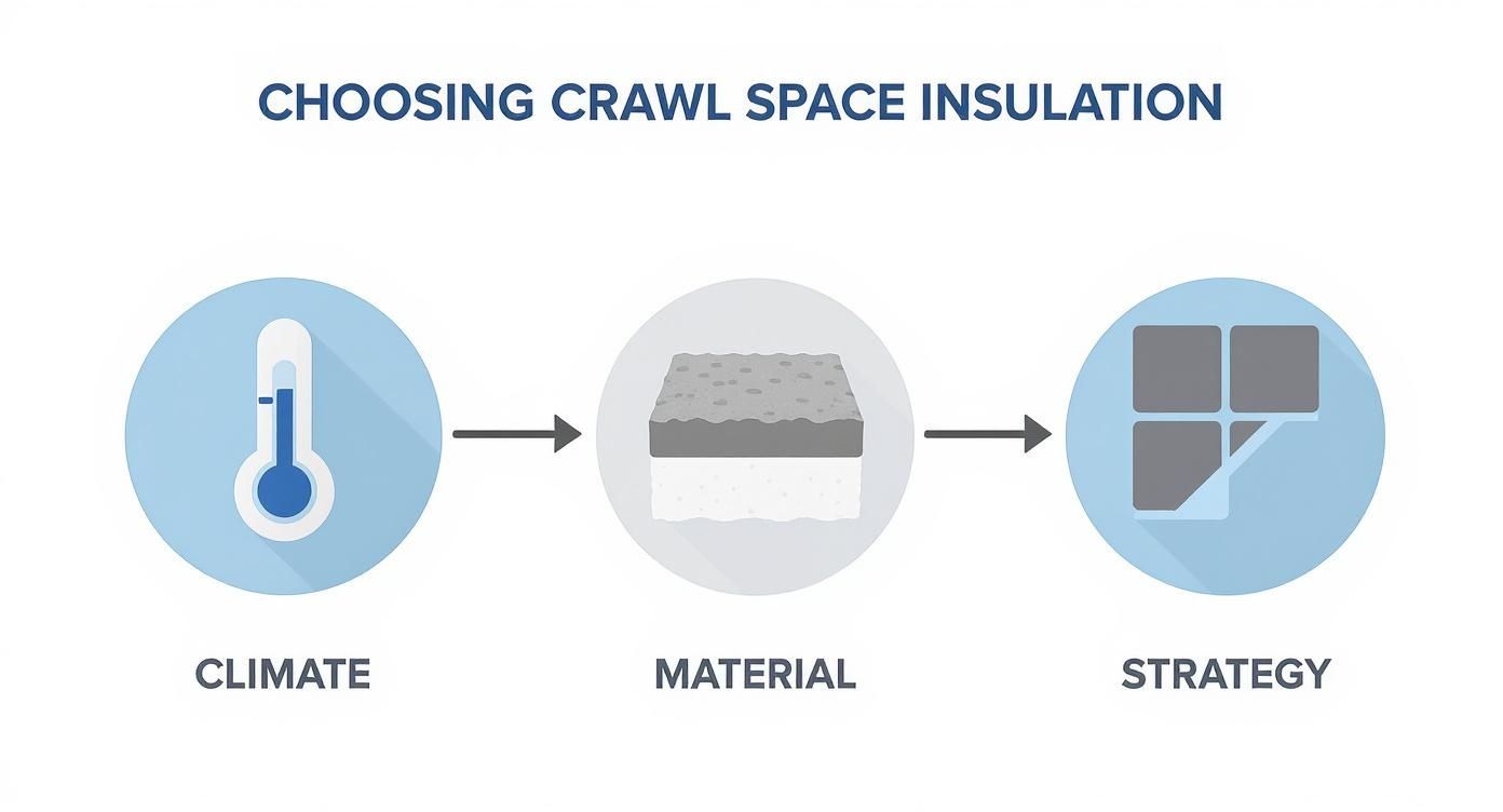Infographic illustrating the process of choosing crawl space insulation: climate, material, strategy.
