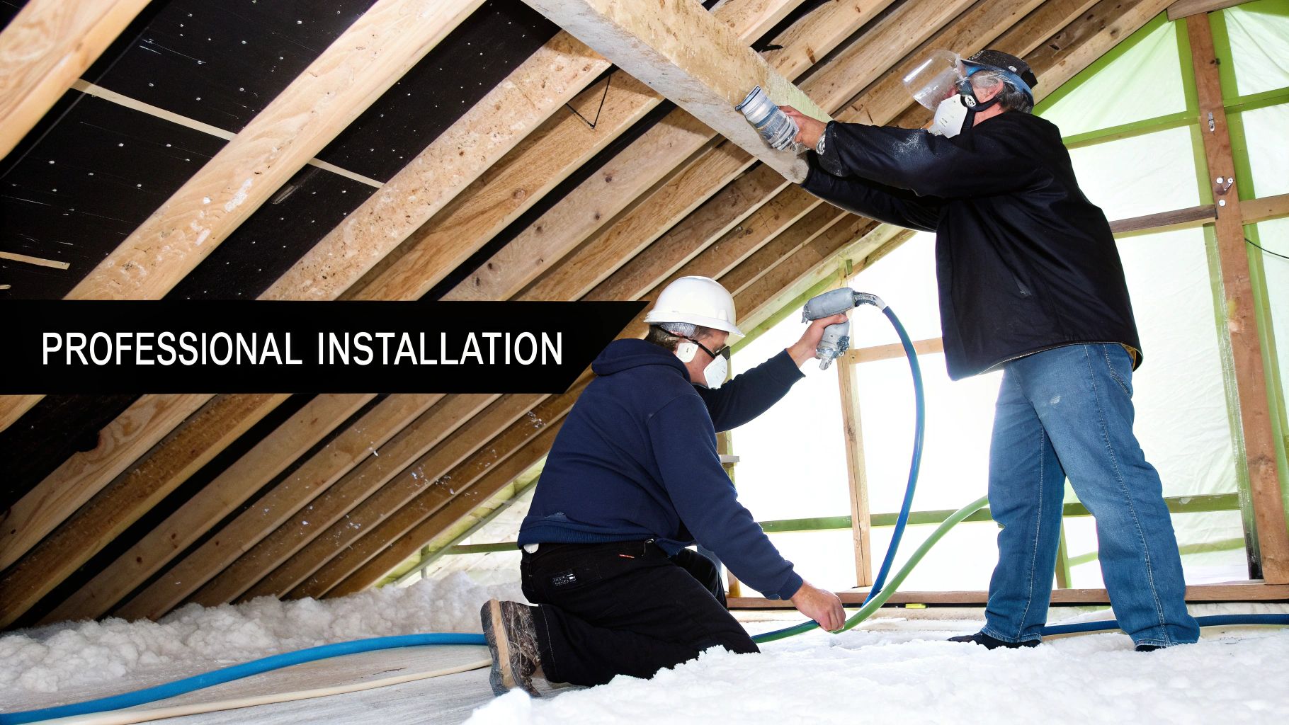 Two professionals wearing protective gear install insulation in an attic, blowing material into the floor.