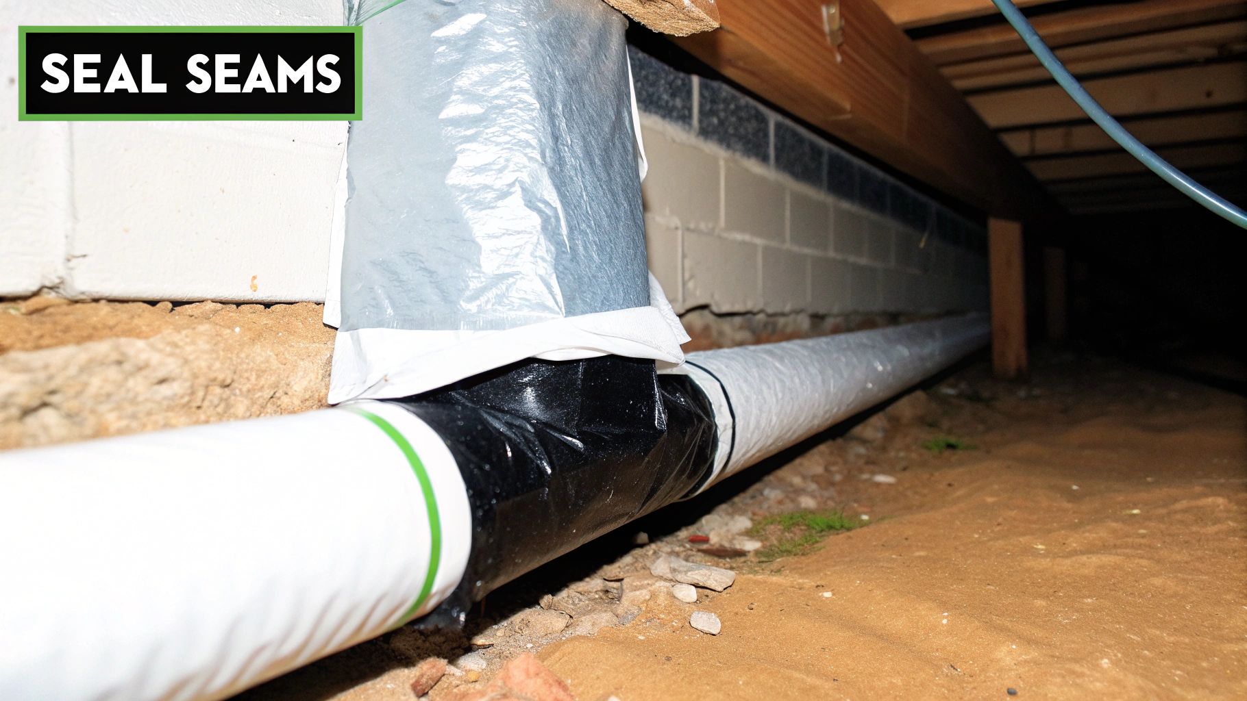Vapor barrier installation in a crawl space, sealing seams around a pipe with black tape.