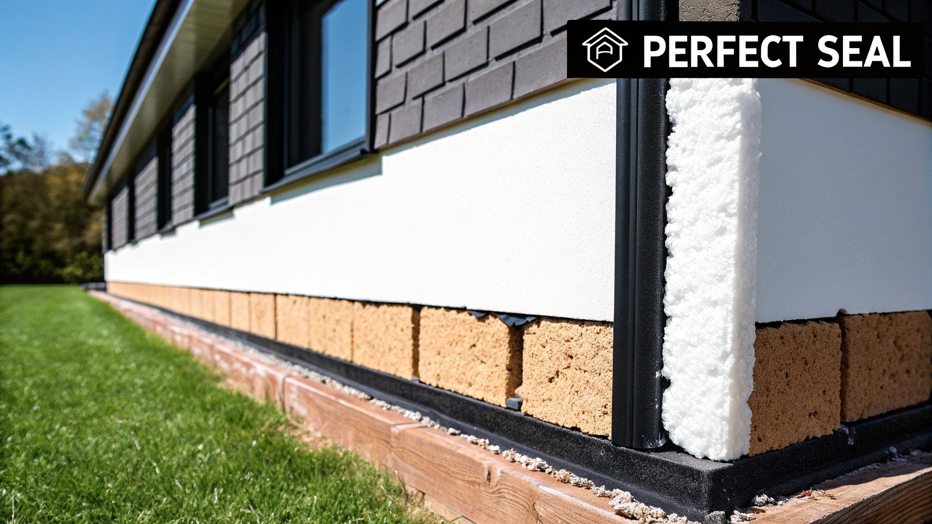 Detail of a house foundation showing multi-layered insulation: white foam, brown blocks, and a protective black seal.