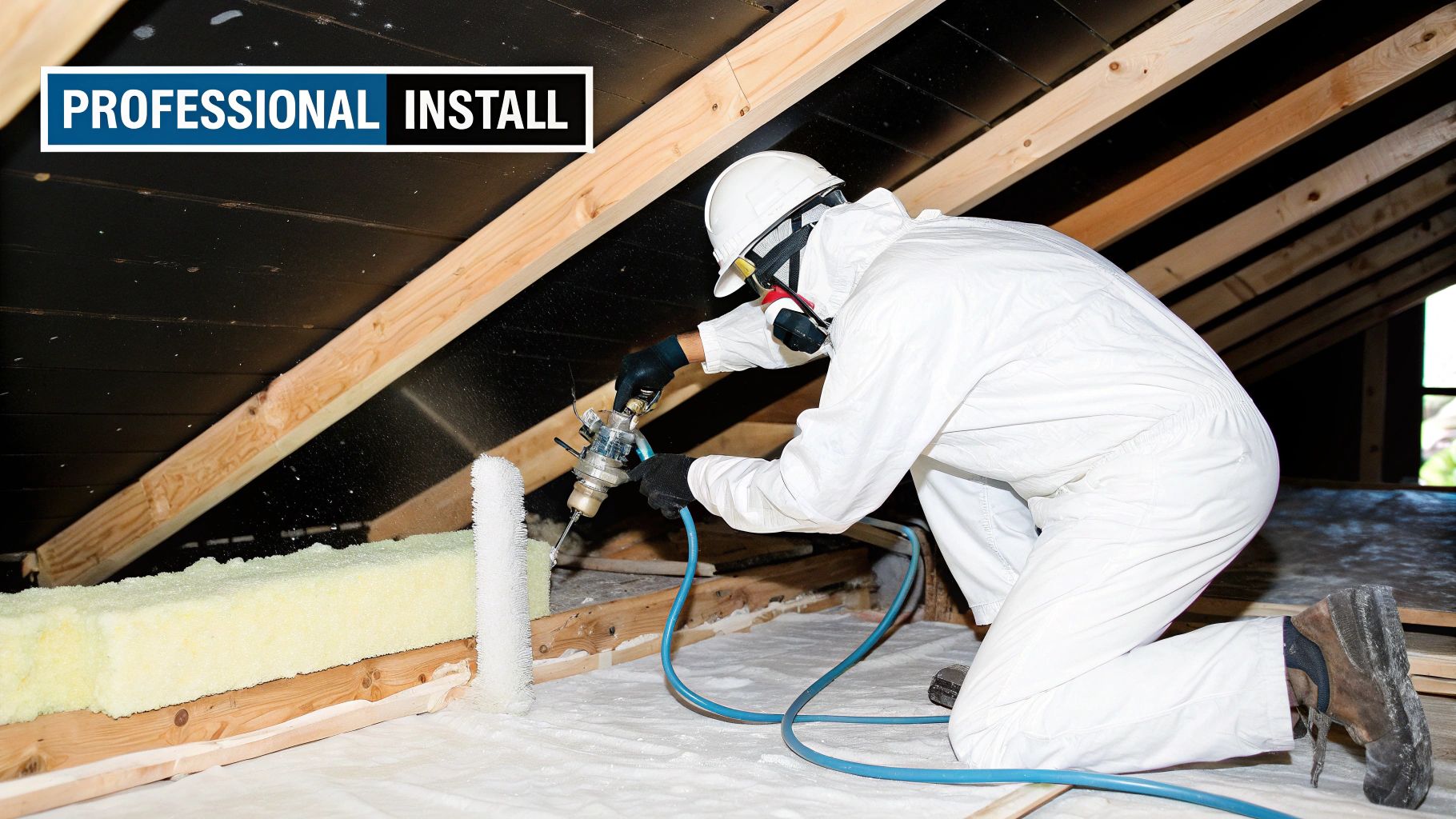 Professional installer spraying sound proof insulation in an attic, wearing PPE for safety.