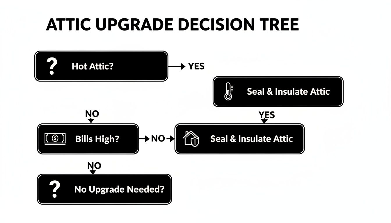 A decision tree flowchart for attic upgrades, guiding homeowners on when to seal and insulate.
