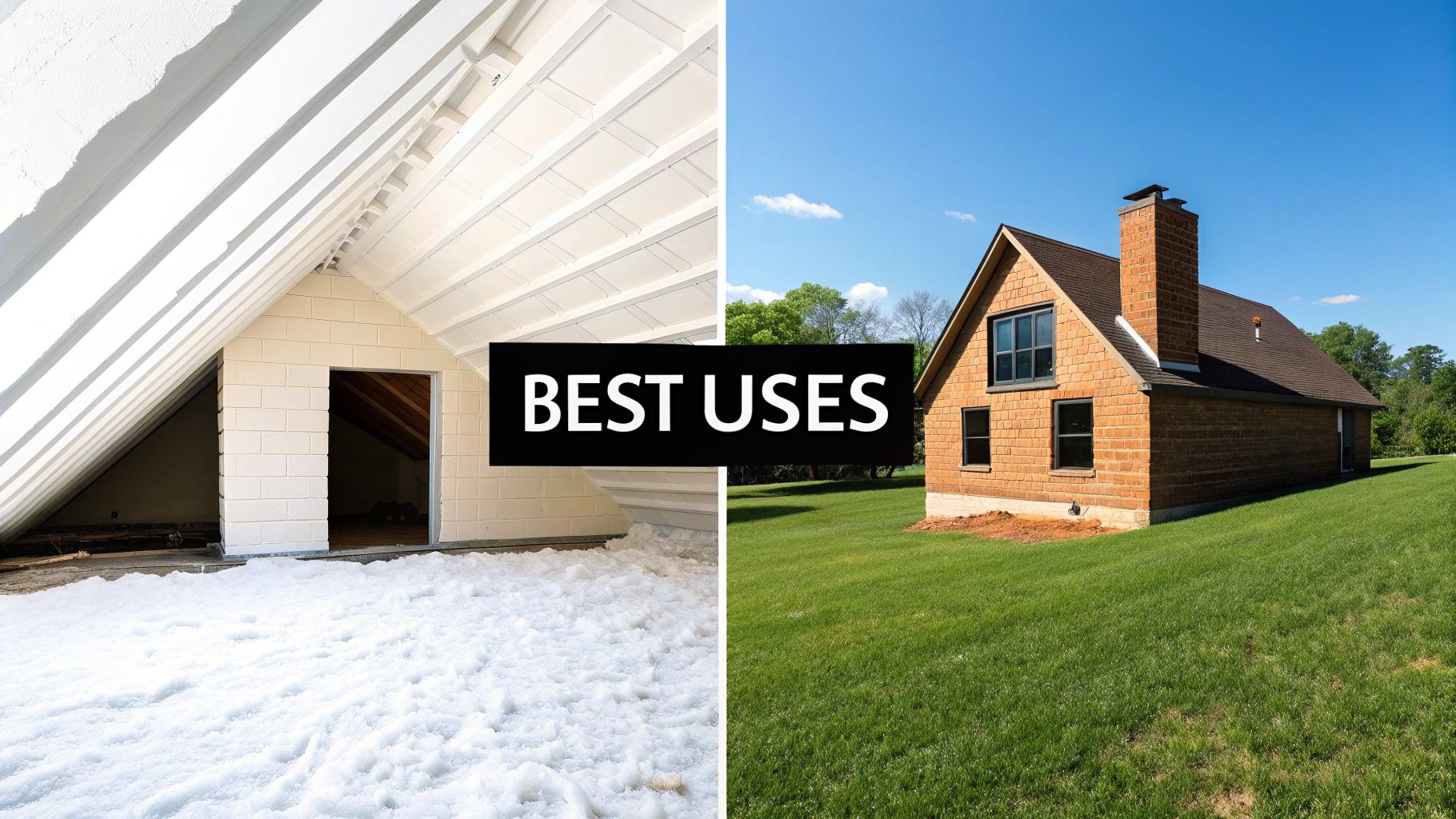 A split image showing an attic with spray foam insulation and a brick house exterior, titled 'BEST USES'.