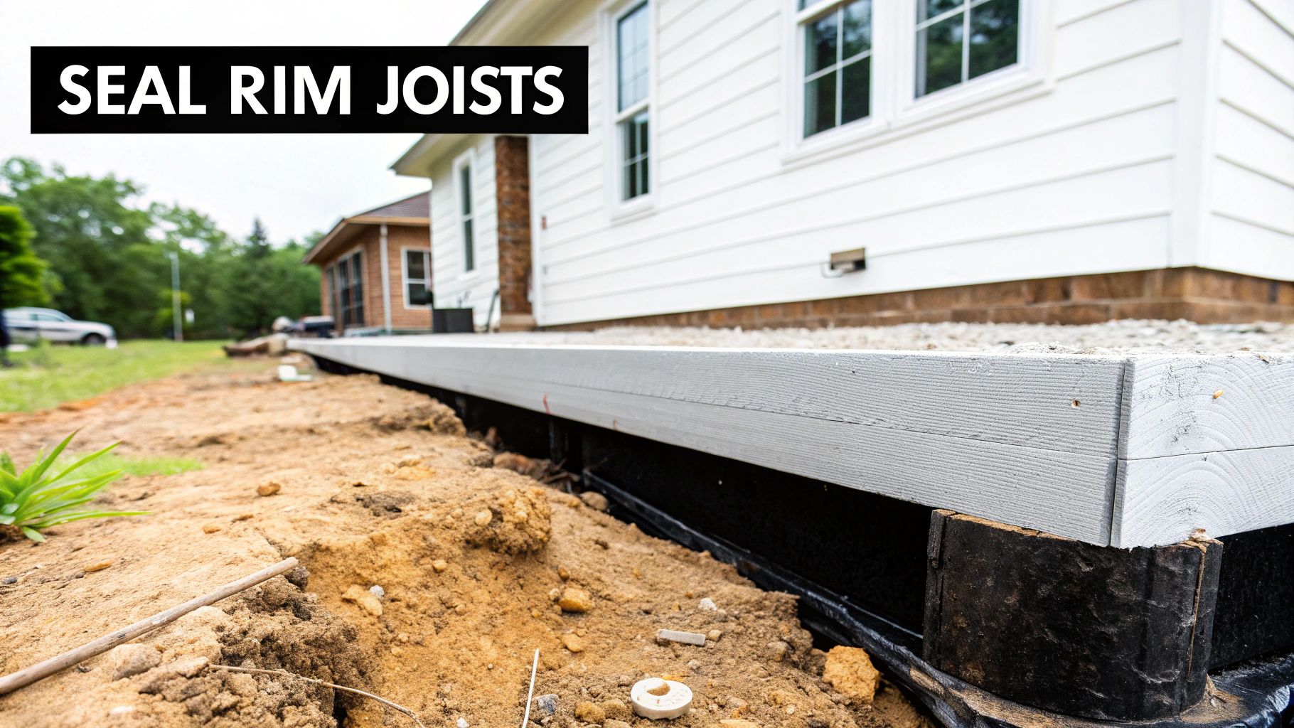 Exterior shot of a house foundation with visible grey-painted rim joists and surrounding dirt.