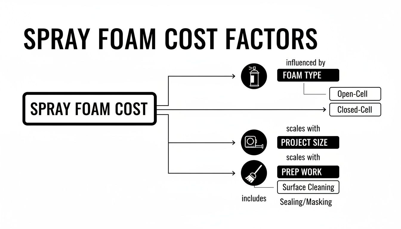 Diagram illustrating spray foam cost factors including foam type, project size, and prep work.