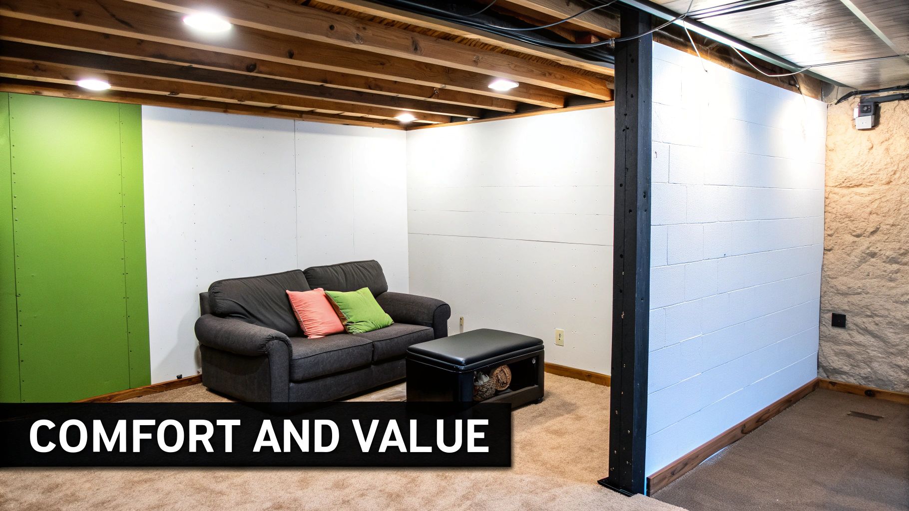 A comfortable, finished basement living area with sofa, ottoman, and exposed ceiling beams.