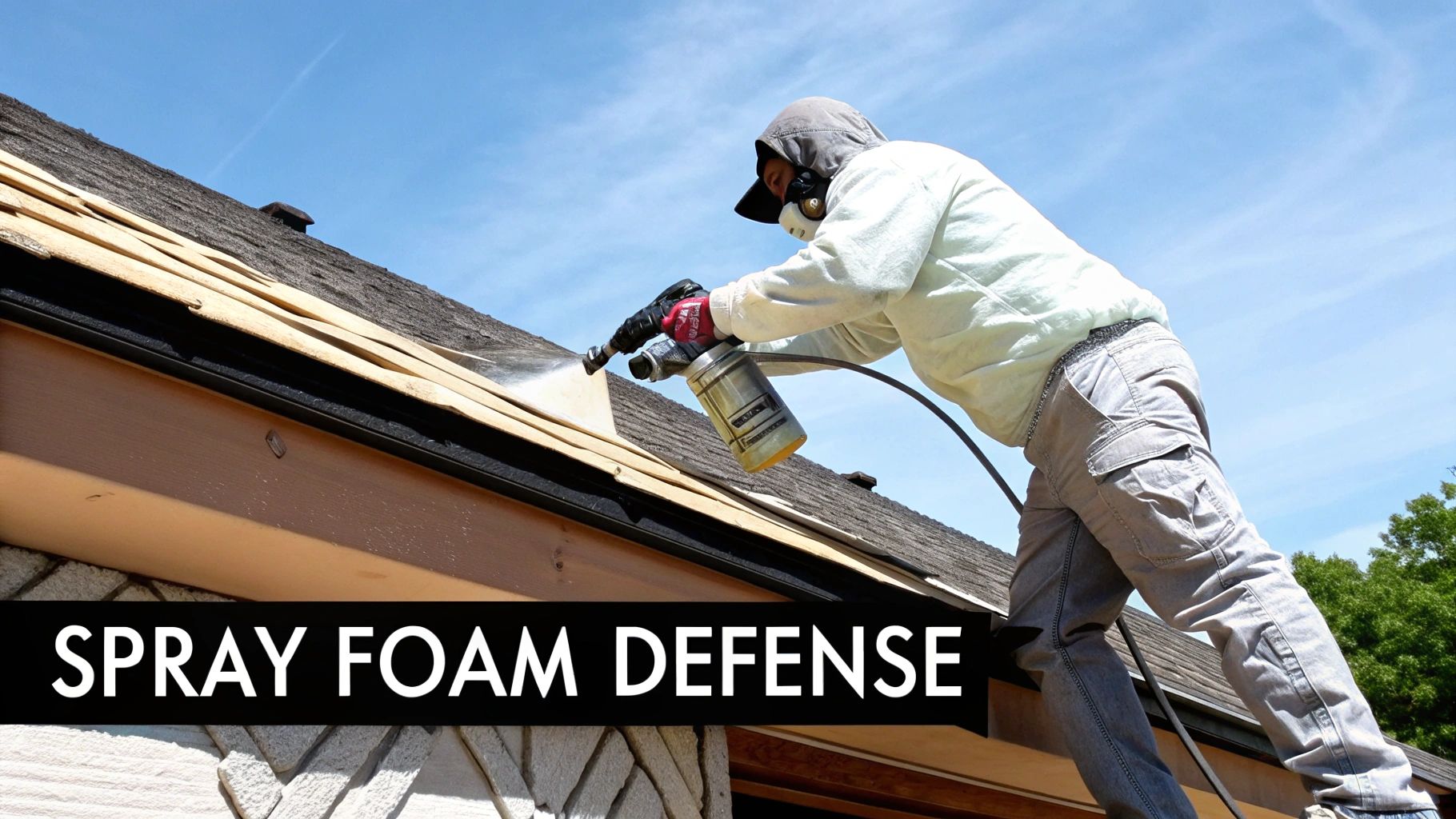 A worker in protective gear applies spray foam insulation to a roof under a blue sky.