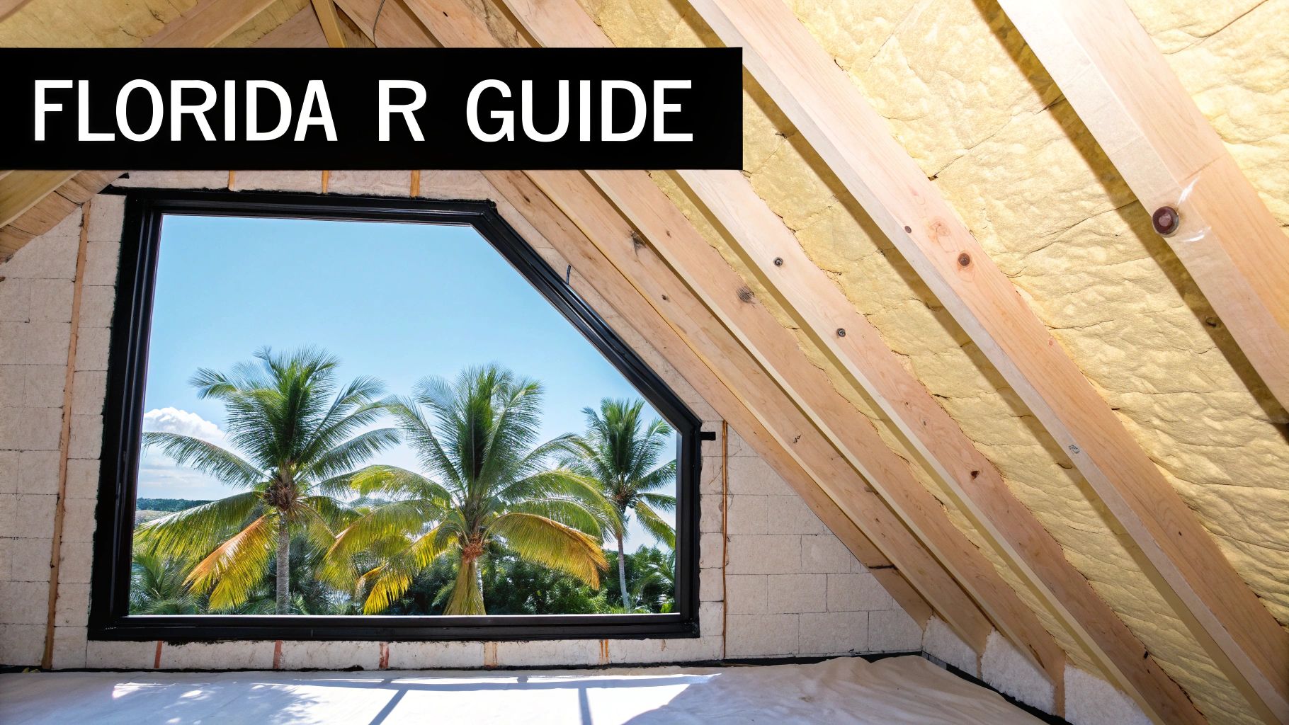Attic with insulation, exposed rafters, a window with palm trees, and 'Florida R Guide' text.