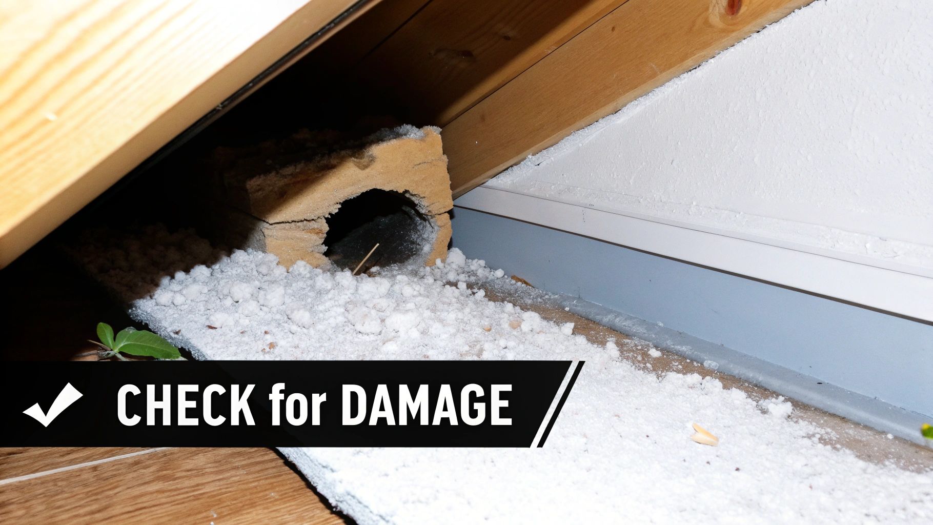 A close-up of a chewed hole in a wooden board, surrounded by white insulation, showing rodent damage.