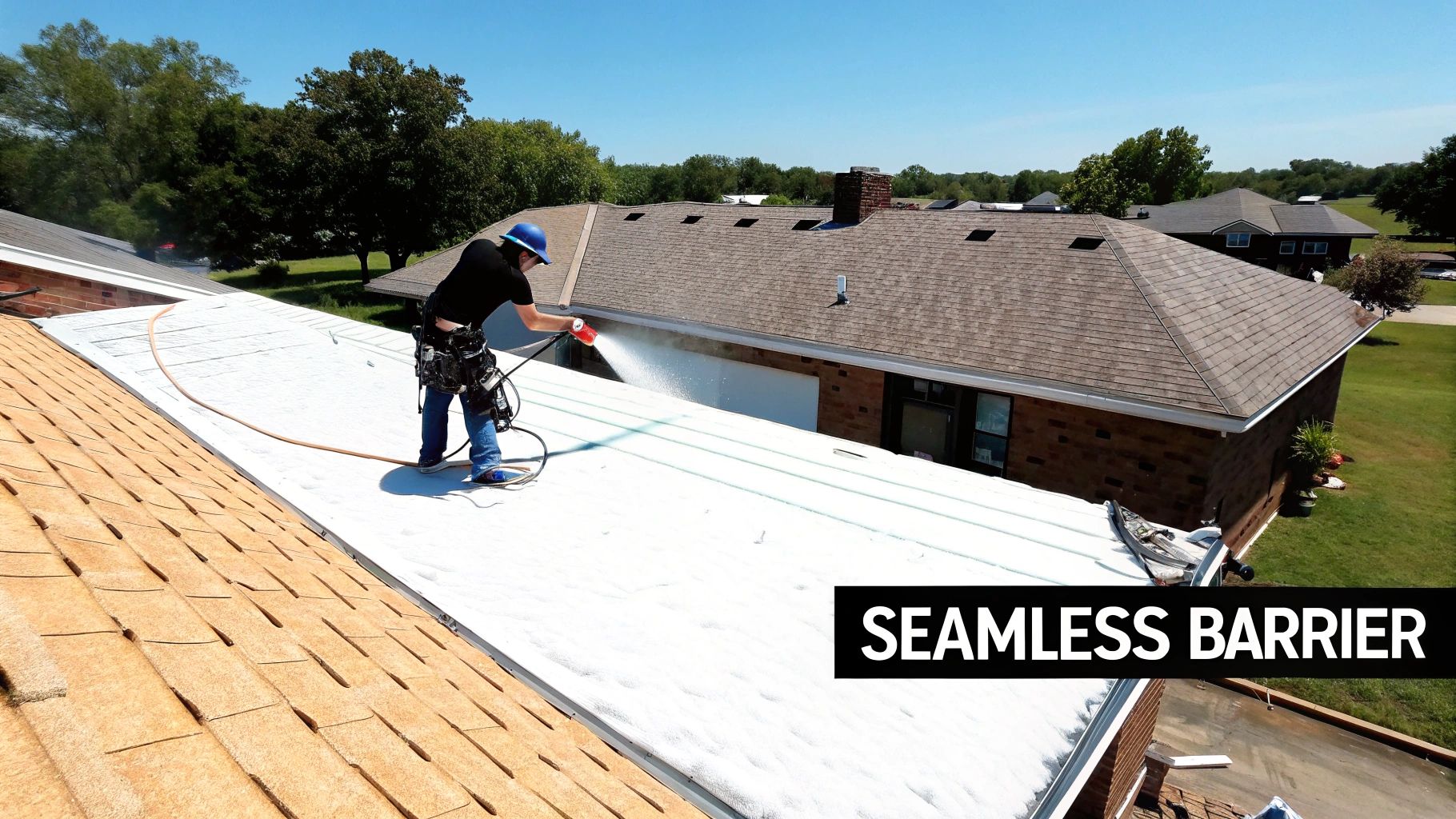 A worker applies a white coating to a flat roof with spray equipment, adjacent to a shingled roof.
