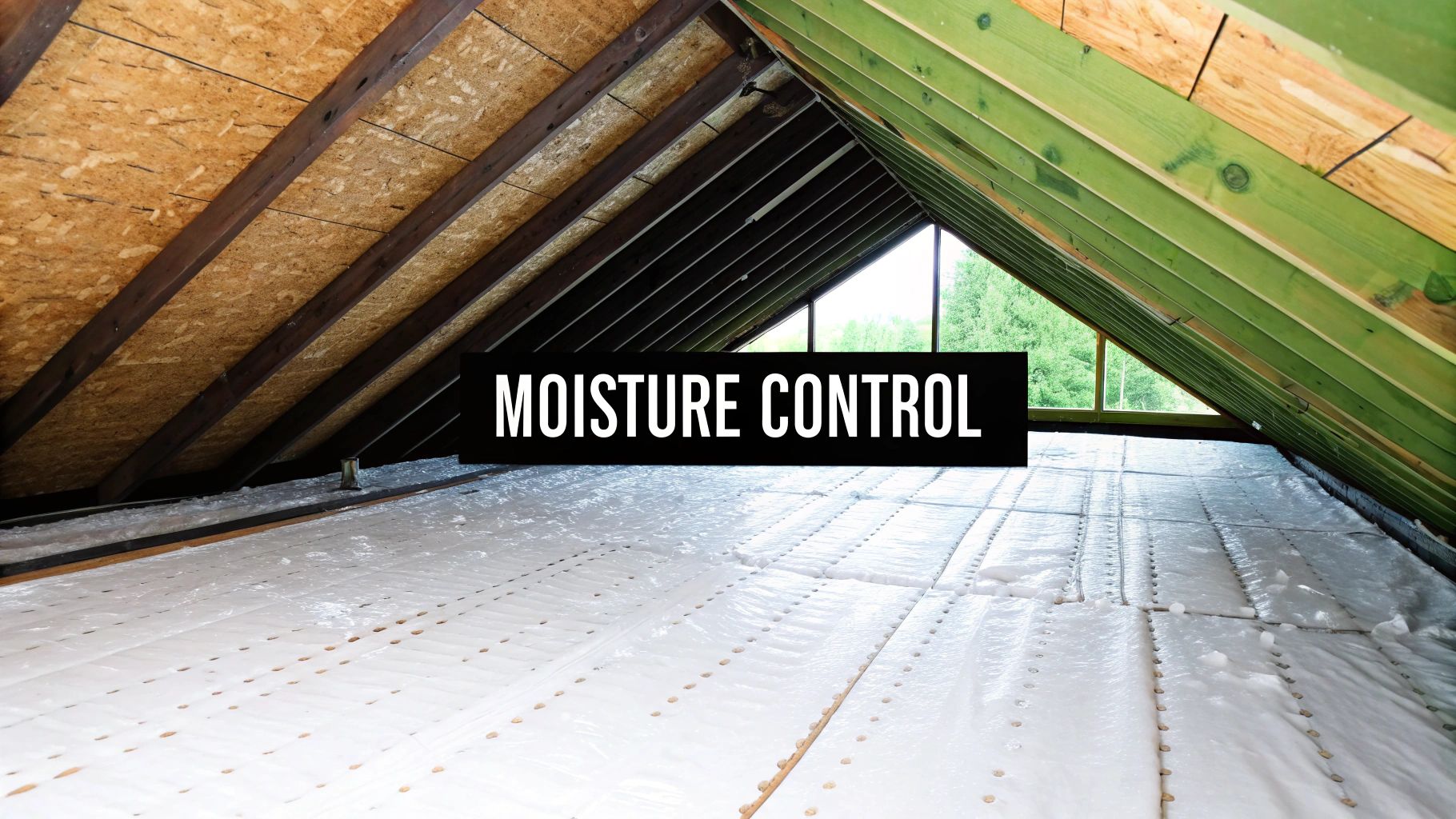 Attic with wooden beams, white insulation on the floor, and a window, highlighting moisture control.