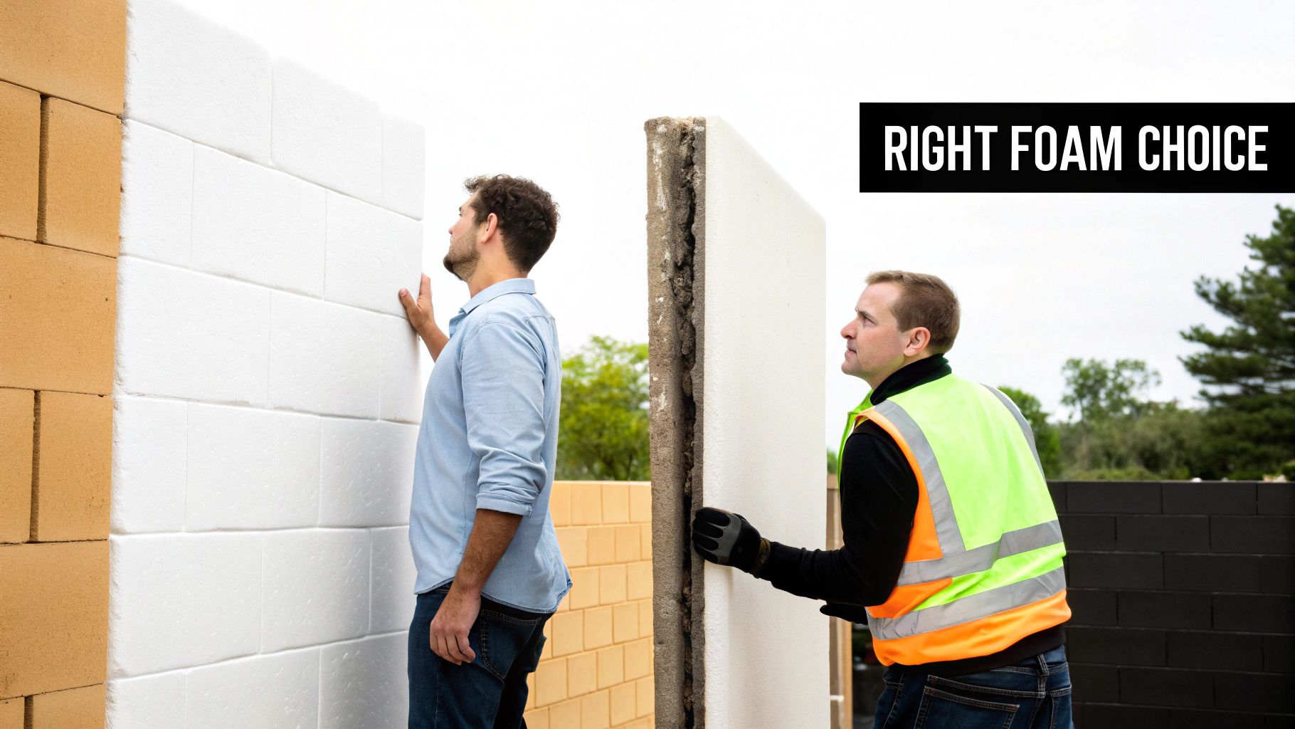 Two construction workers examining different types of foam insulation for a building wall.