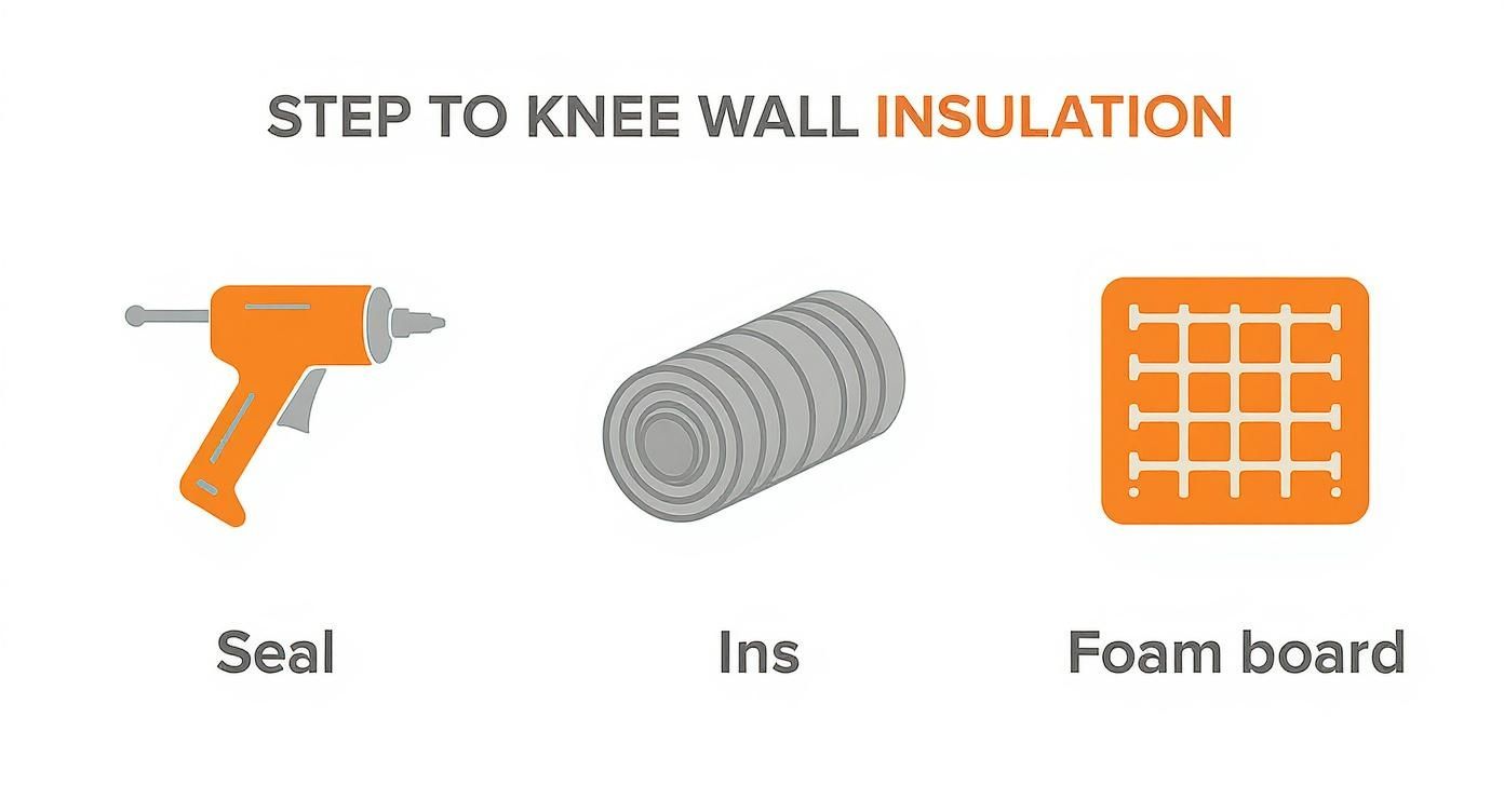 Step to knee wall insulation tools including caulk gun, rolled insulation batts, and foam board panel