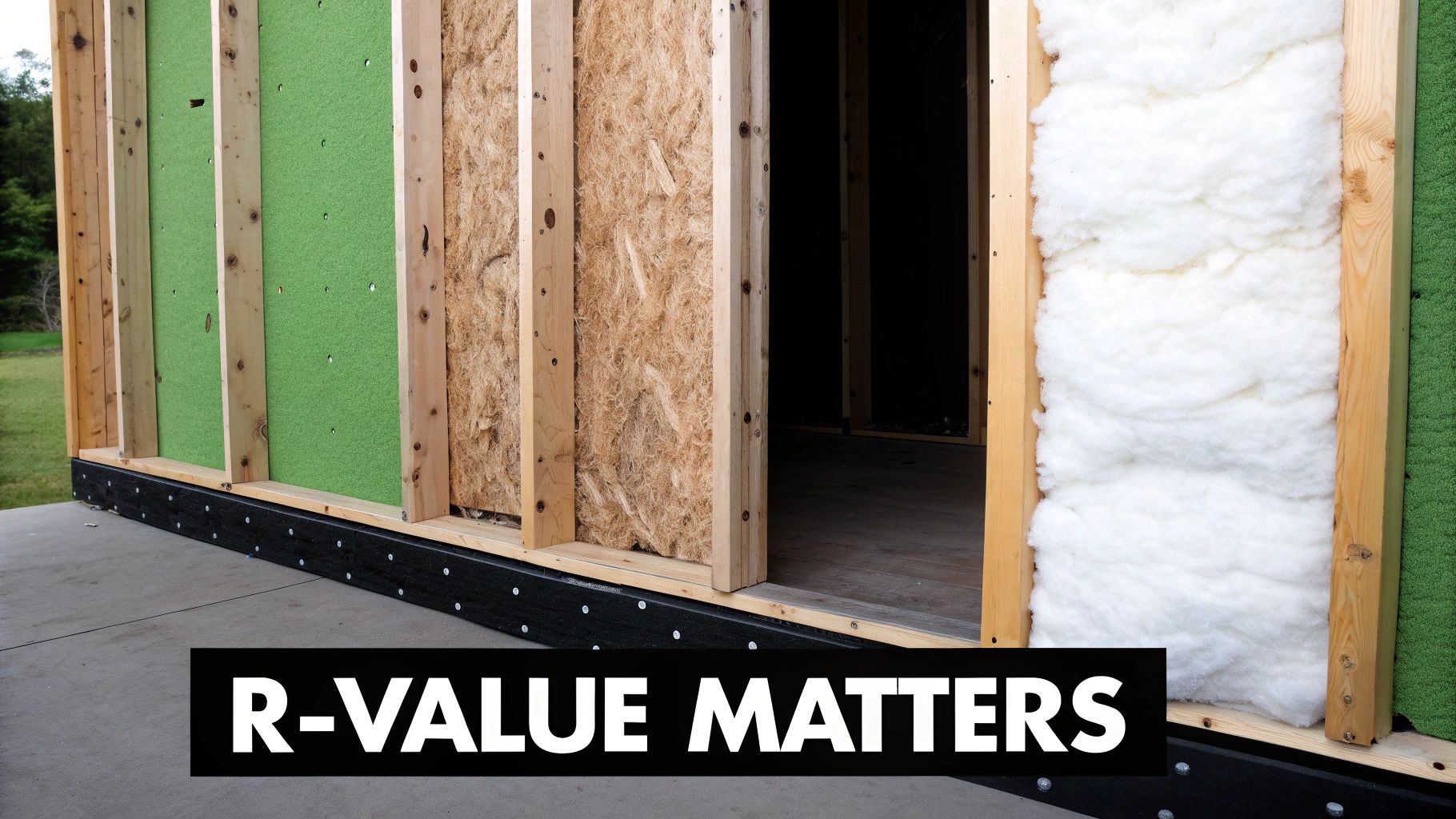 Cross-section of a wall with wooden studs and three types of insulation: green board, fibrous, and fluffy white. Text: R-VALUE MATTERS.