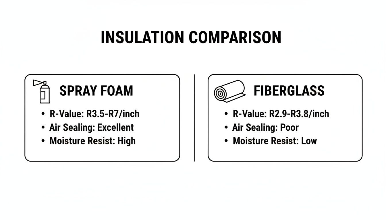 A comparison table shows R-value, air sealing, and moisture resistance for spray foam and fiberglass insulation.