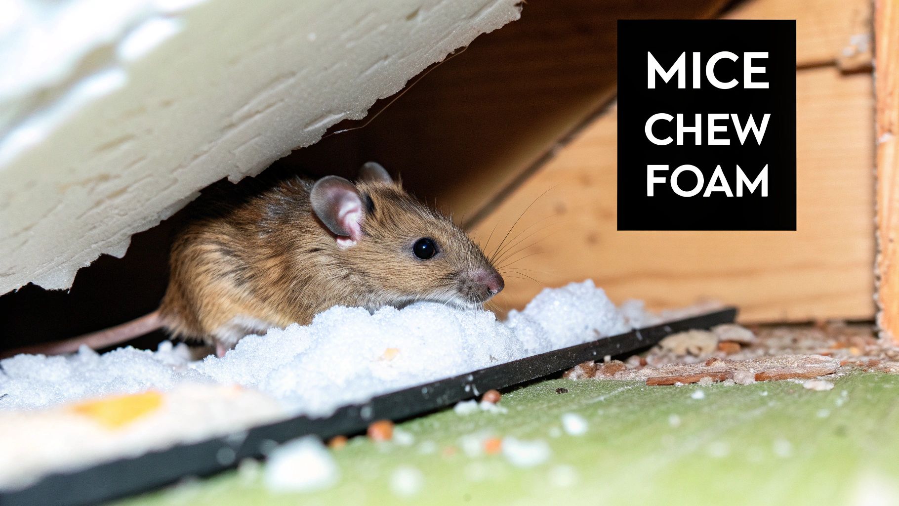 A small brown mouse peeks out from under a chewed piece of white foam insulation, highlighting rodent damage.