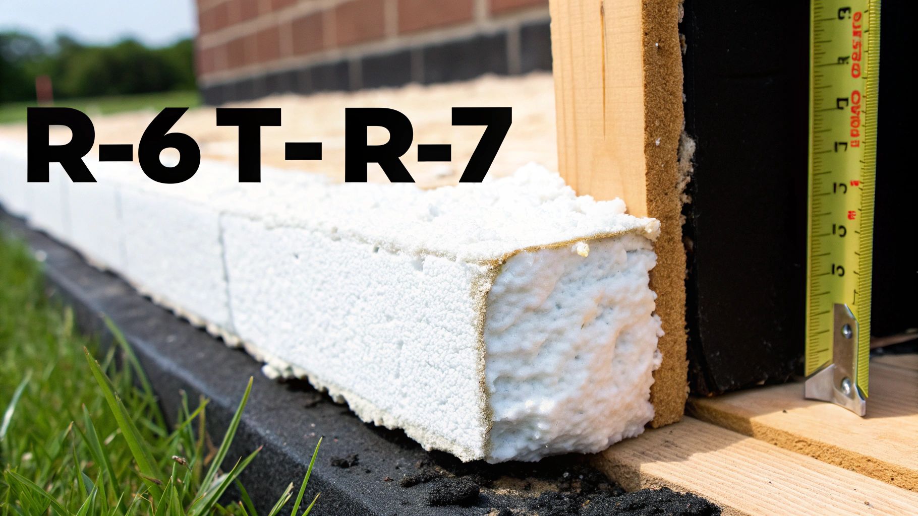 Closed-cell foam insulation with R-6T-R-7 rating, installed at a wall base, shown with a tape measure.