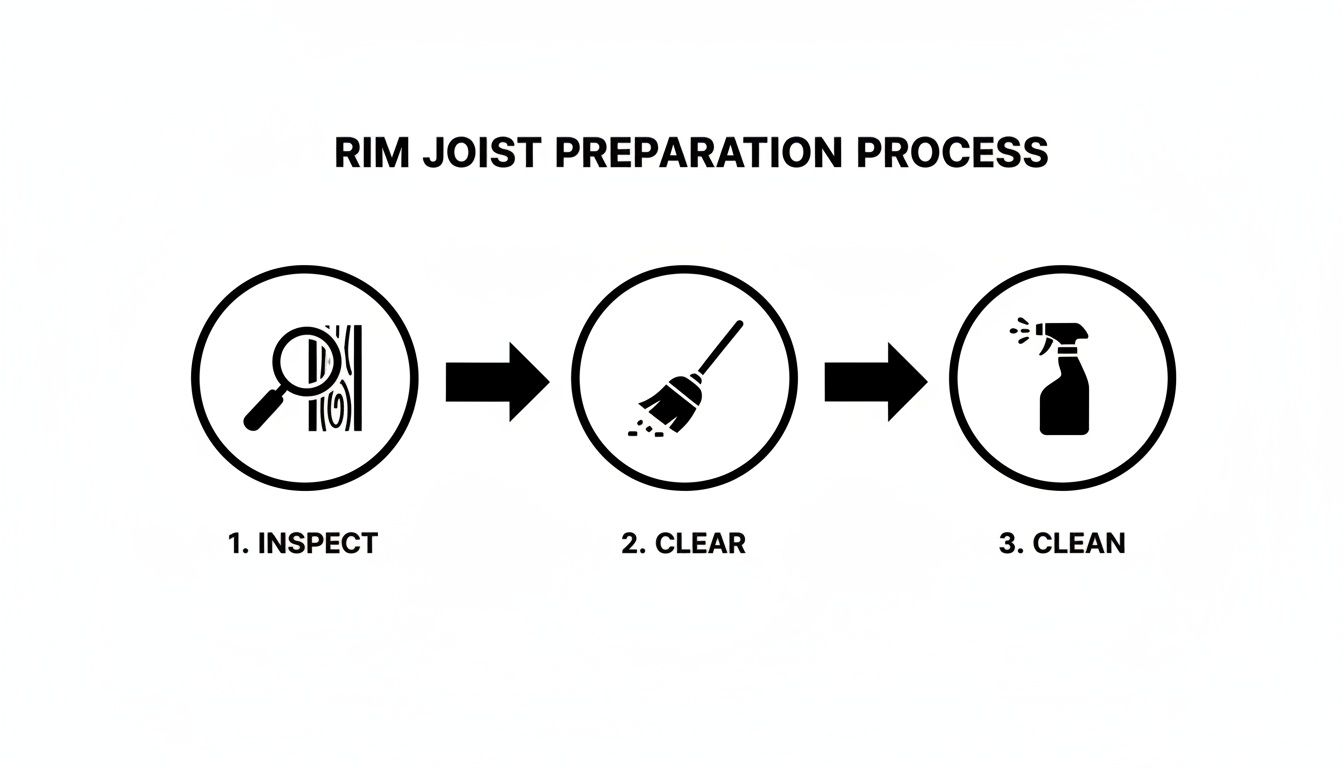 A three-step diagram illustrating the rim joist preparation process: inspect, clear, and clean.