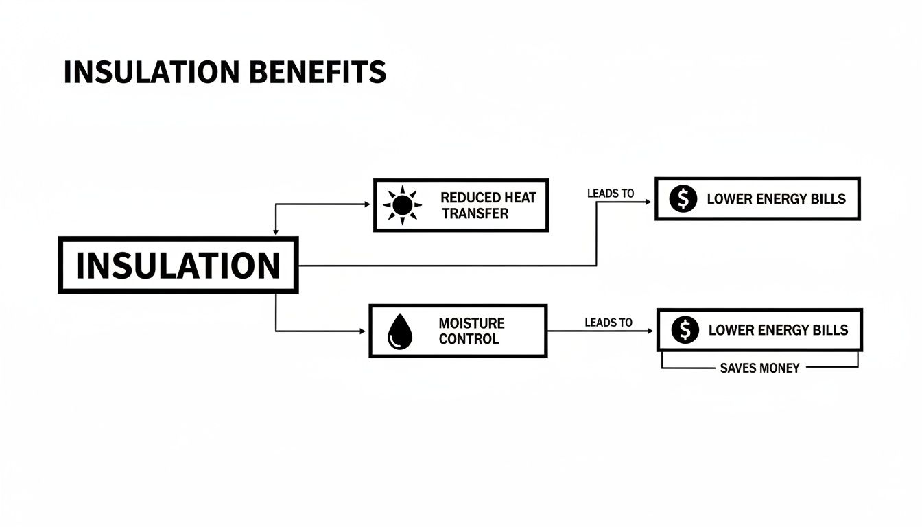 A flowchart illustrating the benefits of insulation, showing it leads to reduced heat transfer, moisture control, and lower energy bills.