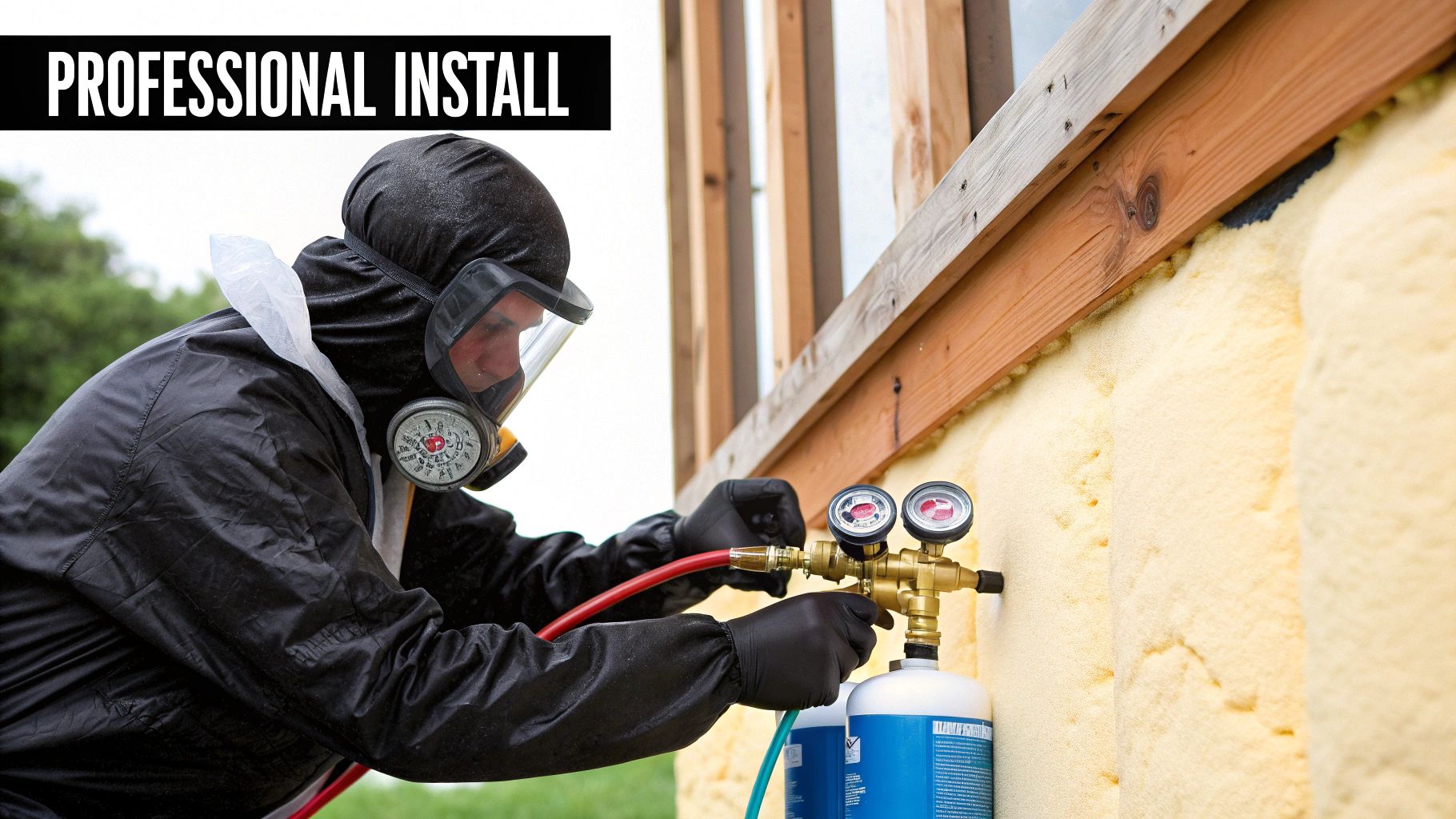 A professional in protective gear applies spray foam insulation to a building's exterior wall.
