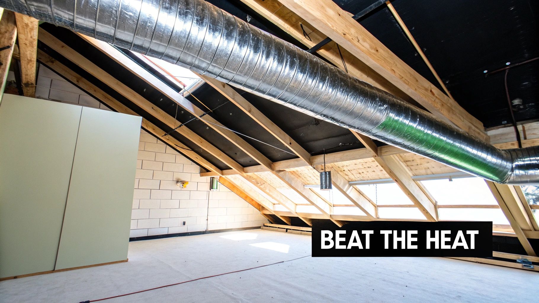An empty attic with exposed metal ductwork, wooden beams, skylights, and light-colored walls.