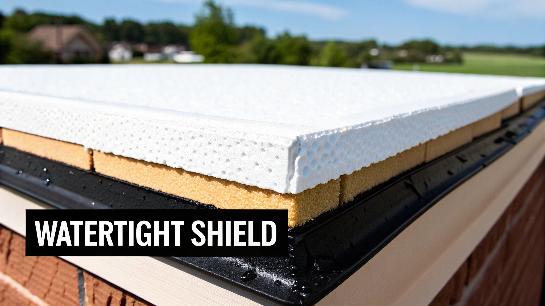 Close-up of a multi-layered roof or wall insulation system featuring white and yellow foam, marketed as a watertight shield.