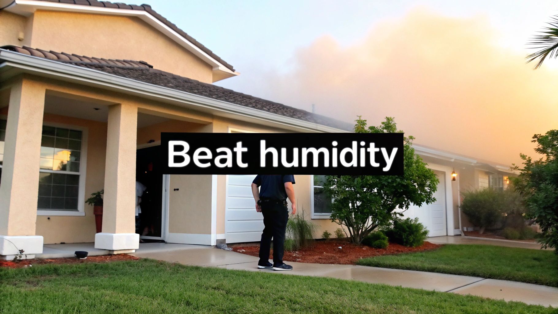 A residential house enveloped in dense smoke or vapor with an emergency responder present.