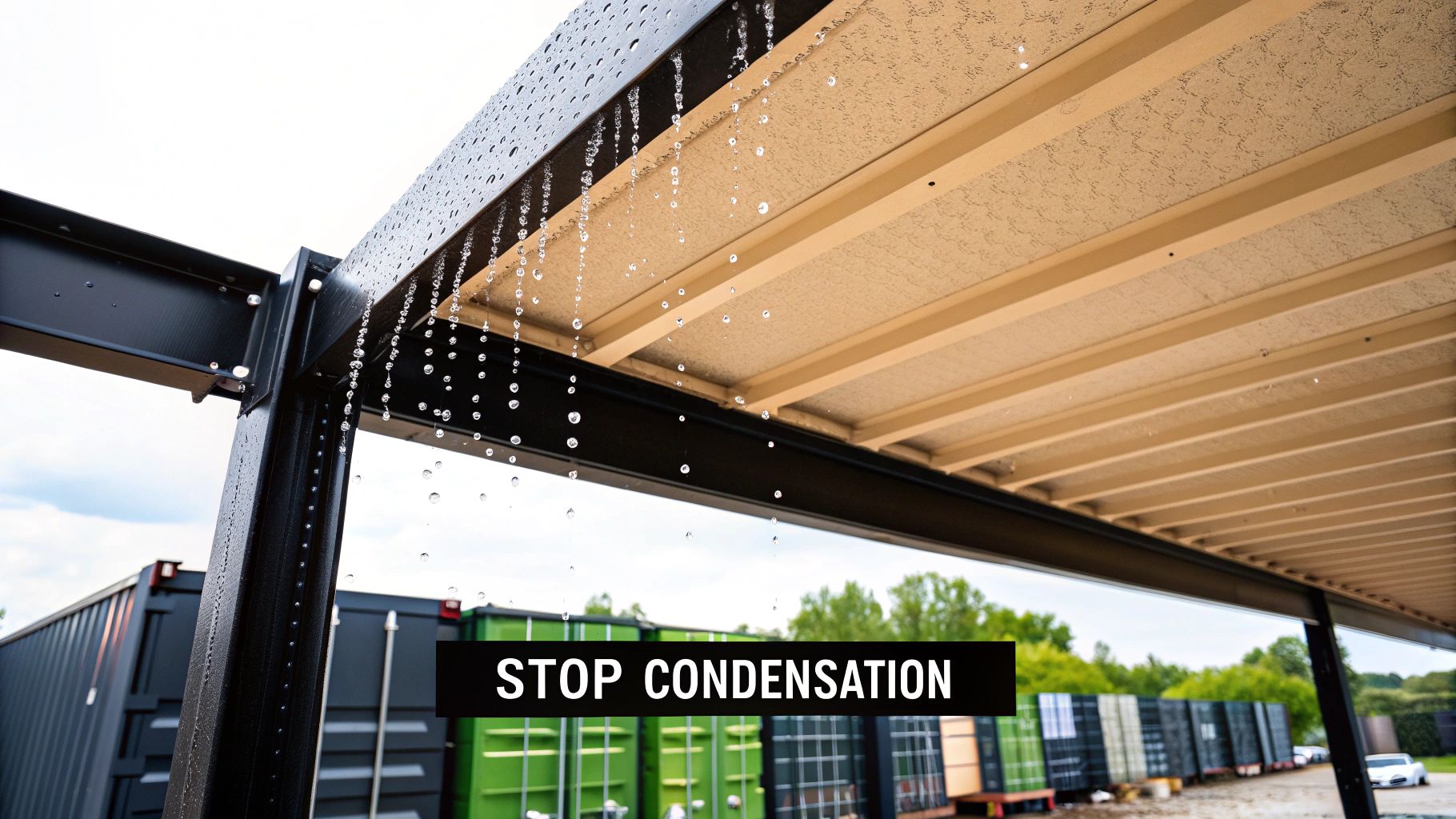 Water dripping from a metal building's insulated roof, preventing condensation, with shipping containers below.