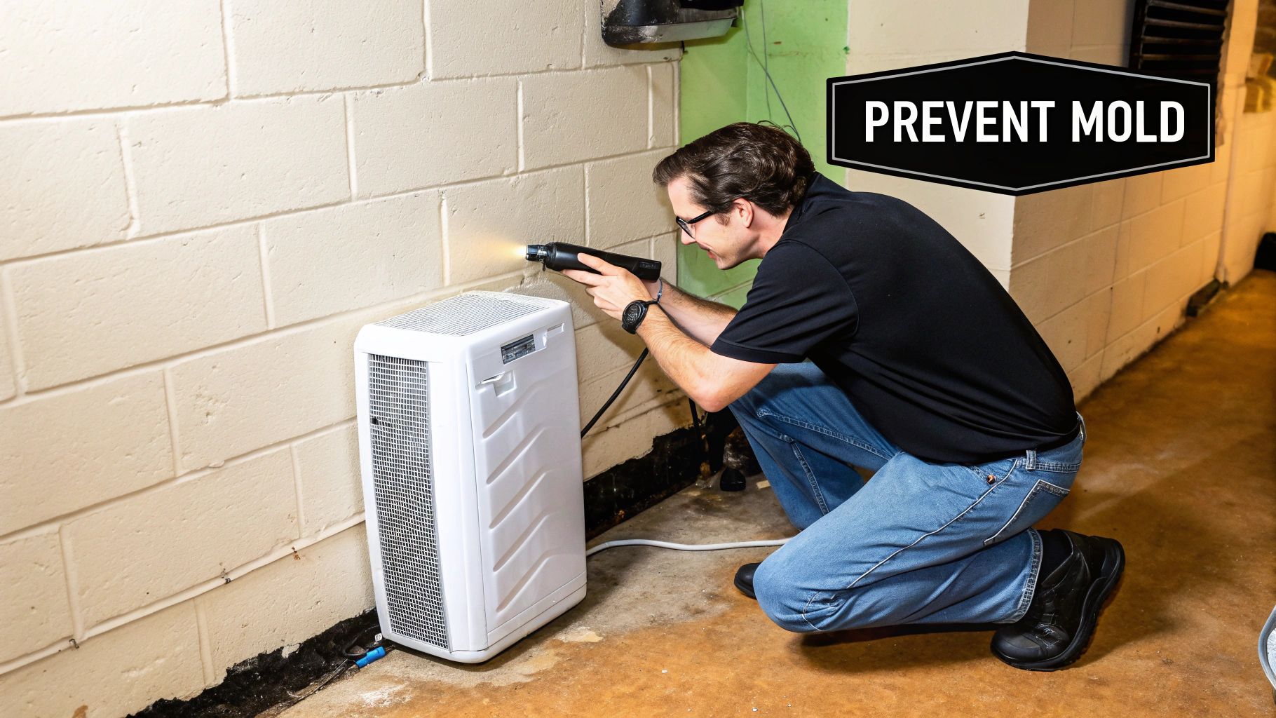 A man crouches in a basement, inspecting a concrete wall near a white dehumidifier with a light tool to prevent mold.
