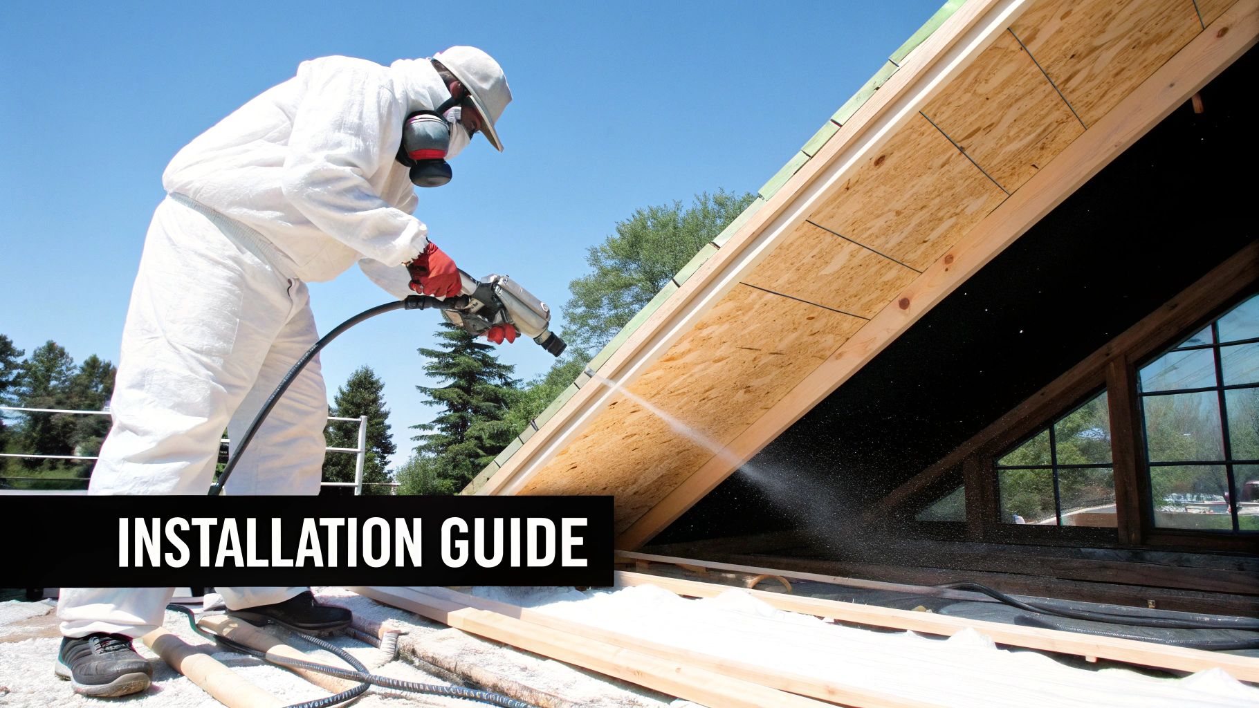 Worker in protective gear spraying foam insulation onto a roof interior during construction.