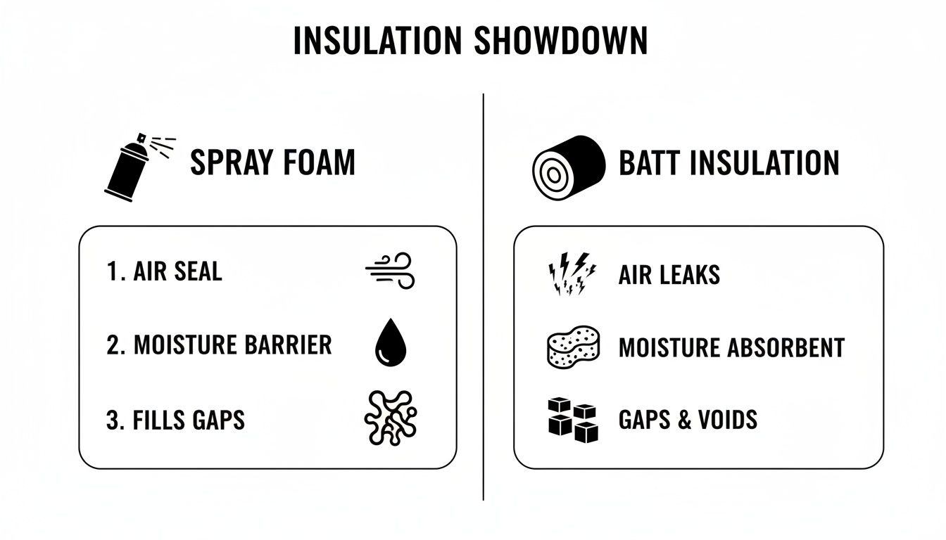Infographic comparing spray foam insulation benefits like air sealing and moisture barrier, with batt insulation drawbacks.