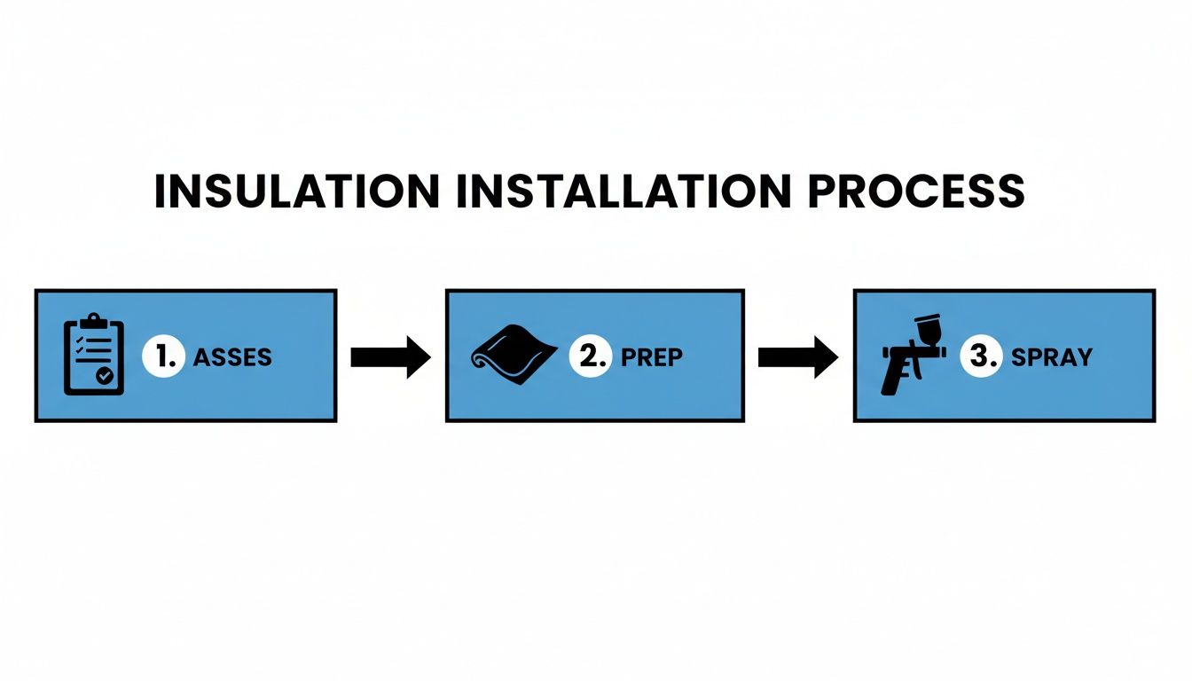 A three-step diagram illustrating the insulation installation process: assess, prep, and spray.