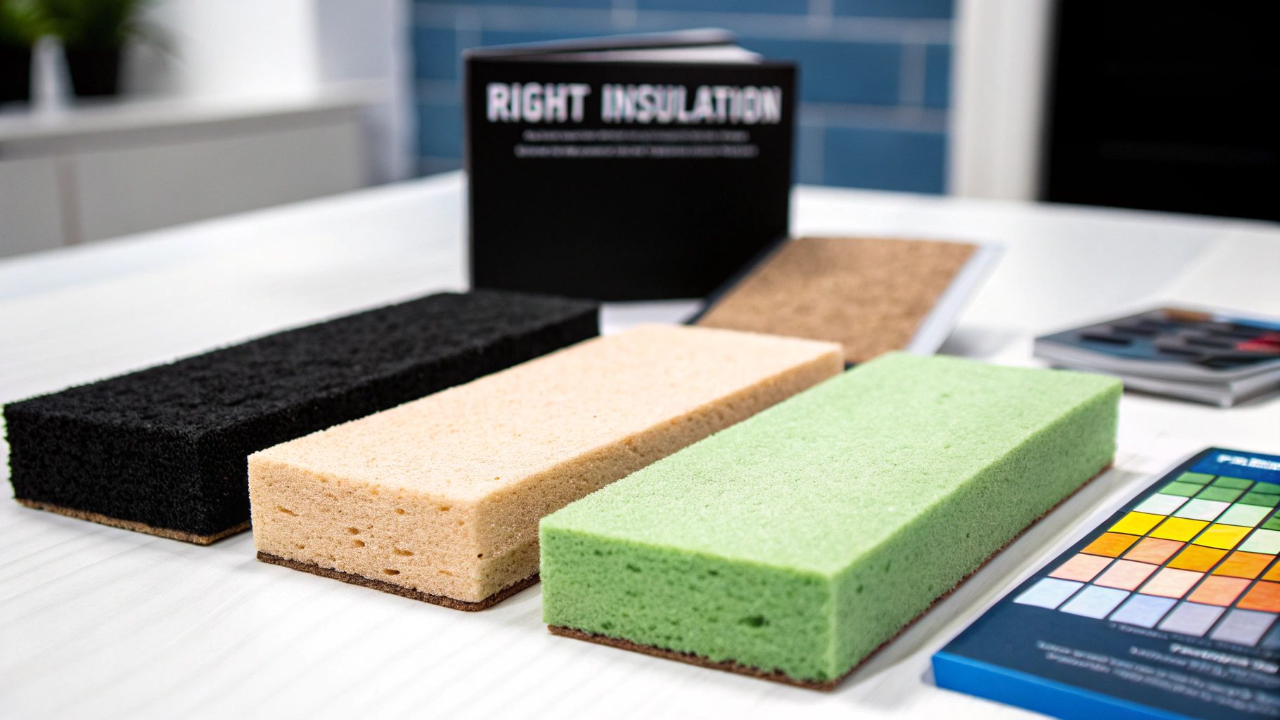 Three rectangular insulation samples in black, beige, and green, displayed with a 'RIGHT INSULATION' book and color swatches.