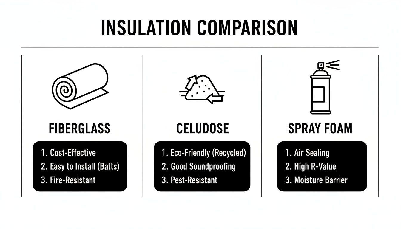 A comparison chart of three insulation types: Fiberglass, Cellulose, and Spray Foam, detailing their key benefits.