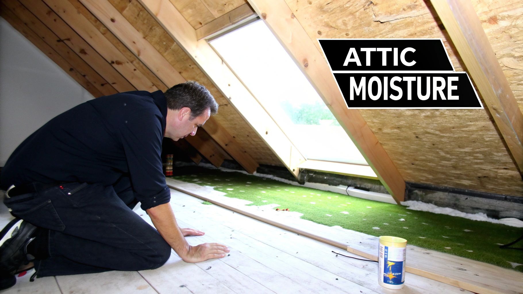 A man kneels in an attic, inspecting green insulation and wooden floor planks near a skylight.