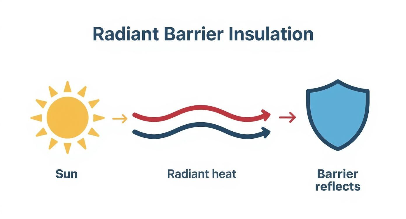 An illustration explaining radiant barrier insulation: sun emits radiant heat, which a barrier reflects.