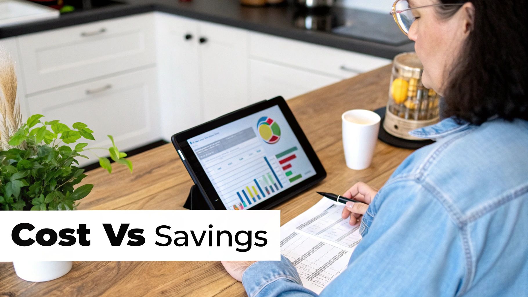 A woman reviews financial documents and a tablet with charts, focusing on costs and savings in a modern kitchen.