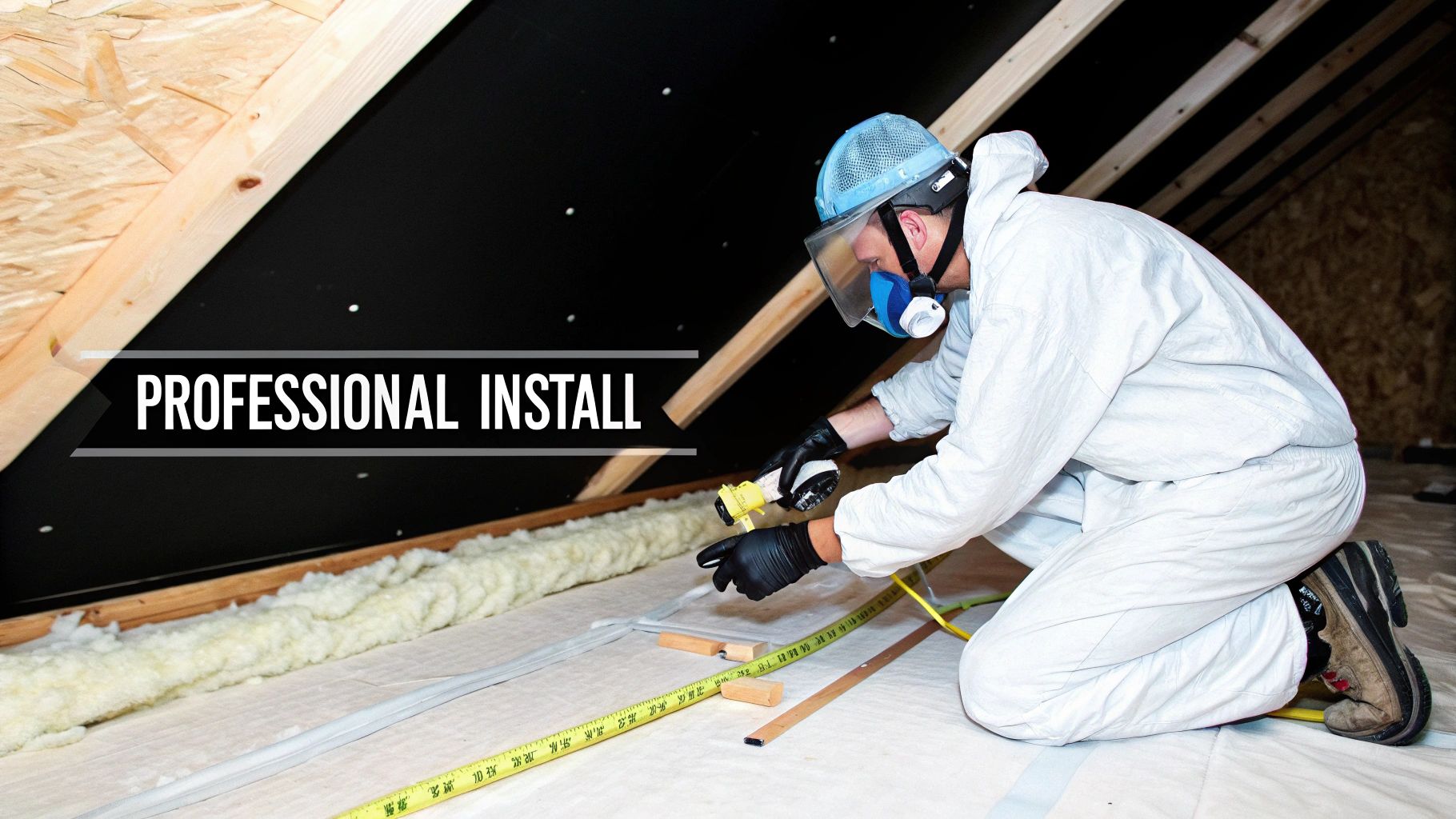 A worker in a hazmat suit and respirator professionally installs spray foam insulation in an attic.
