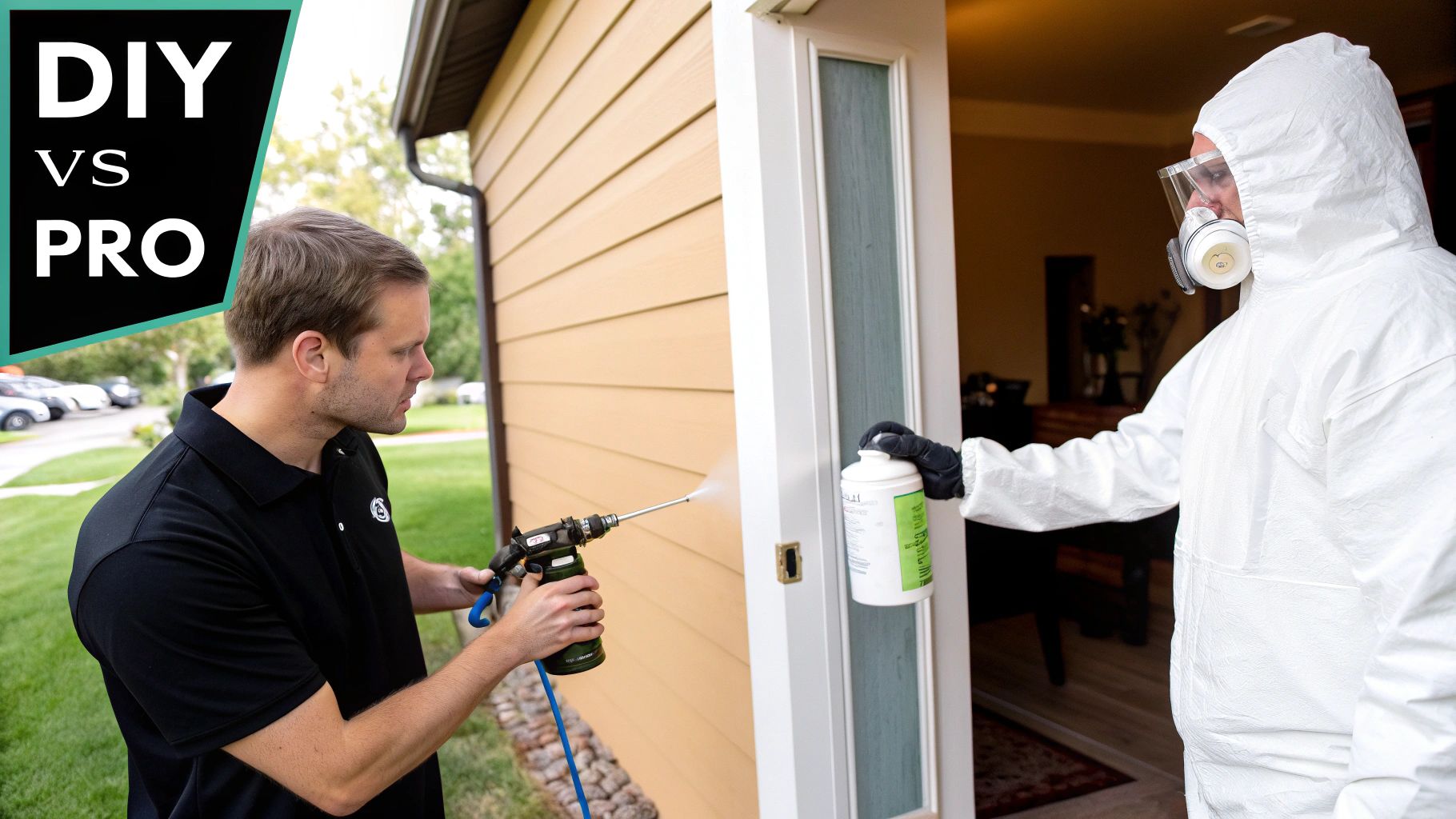 A man doing DIY spraying on a house, compared to a professional in a hazmat suit holding a product.