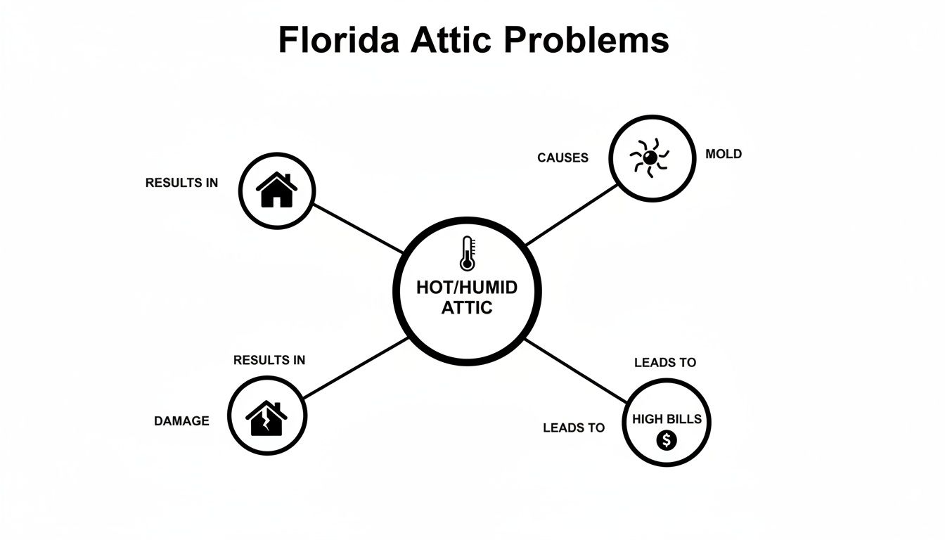 Diagram illustrating Florida attic problems, showing how a hot and humid attic causes mold, damage, and high bills.