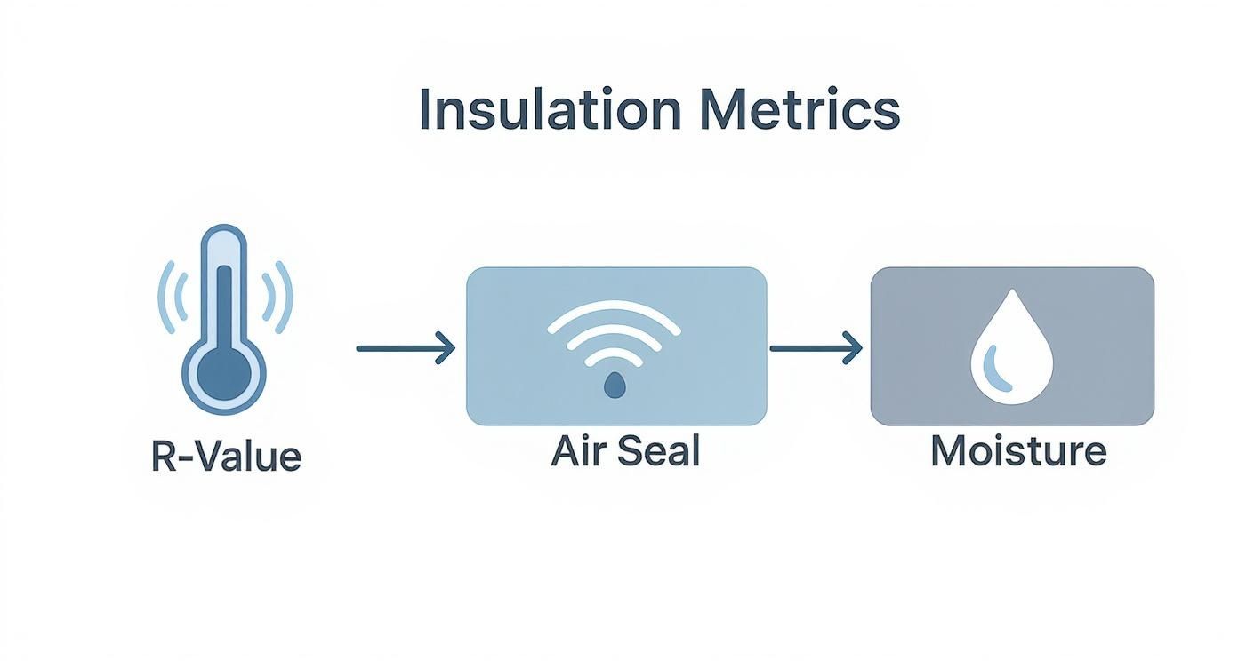 Diagram illustrating key insulation metrics: R-Value, Air Seal, and Moisture, essential for building efficiency.