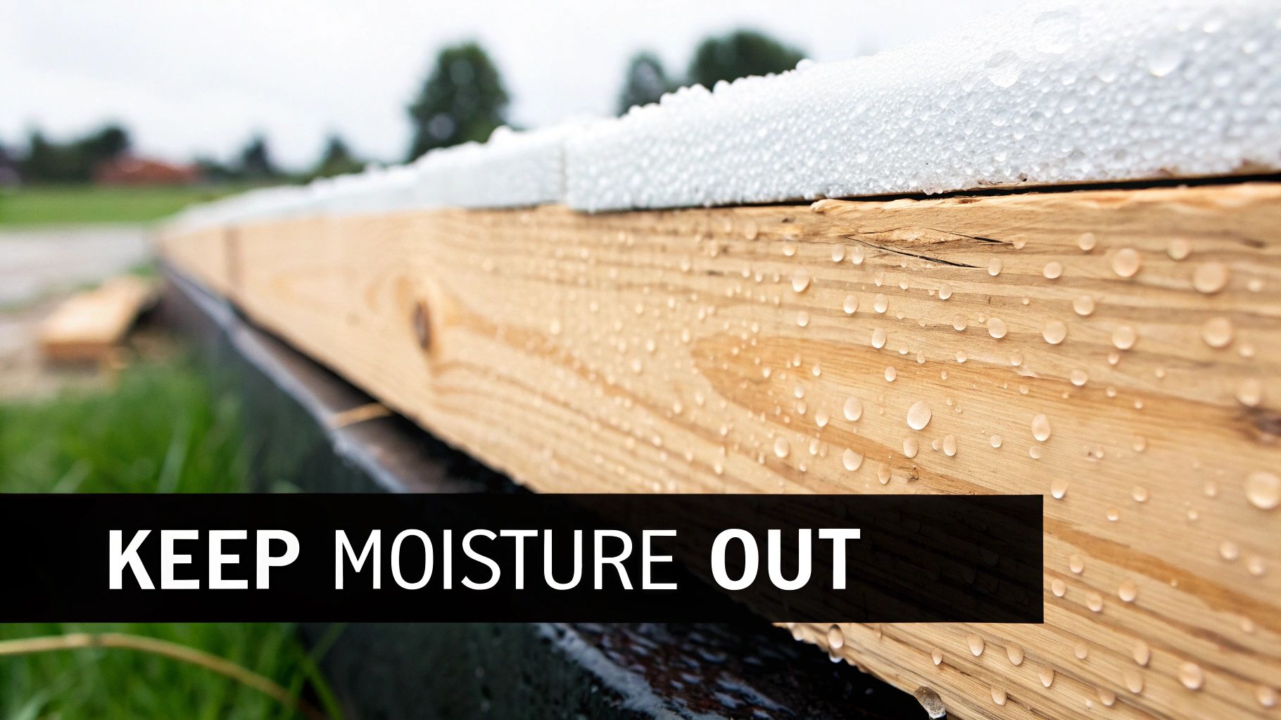 Close-up of a wooden rim joist with water droplets, showing white insulation and a 'Keep Moisture Out' message.