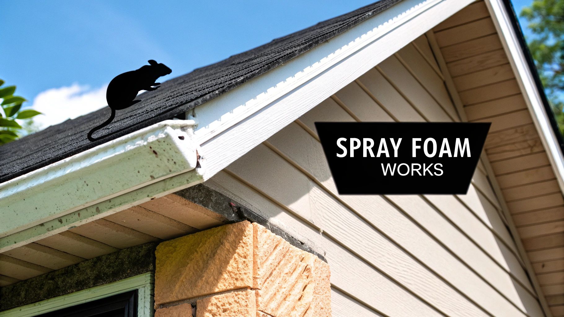 A black mouse silhouette on a house roof above a gutter, next to a 'SPRAY FOAM WORKS' sign.