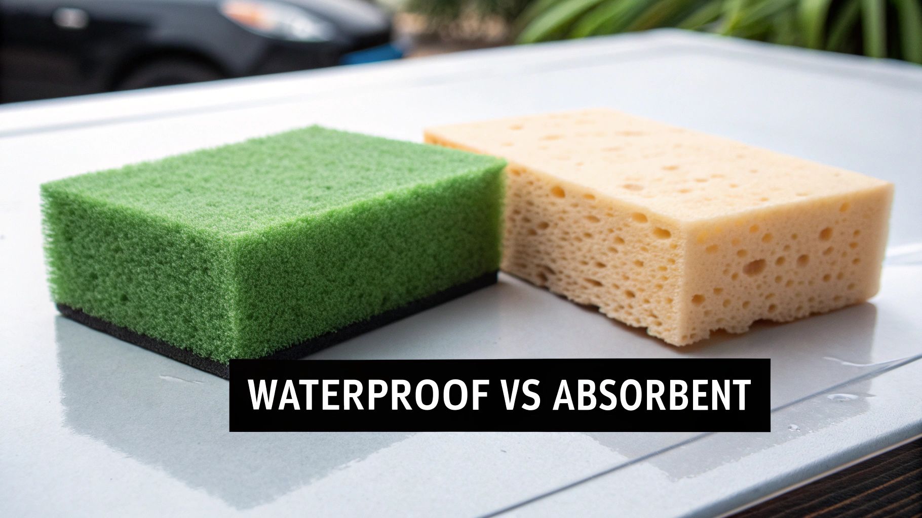 A dense green sponge next to a porous beige sponge, demonstrating waterproof vs absorbent properties.