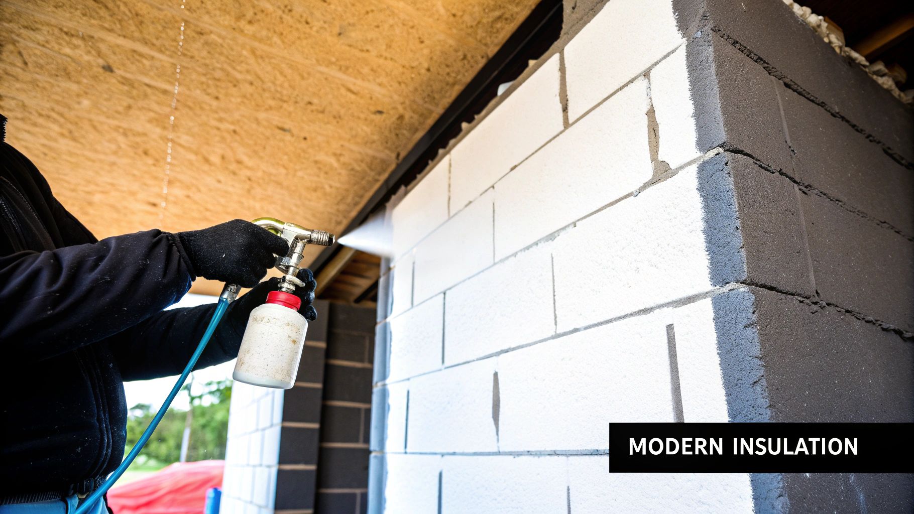 A person in black gloves sprays foam insulation onto a white concrete block wall, enhancing energy efficiency.