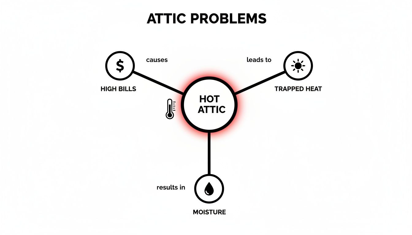 Diagram showing attic problems: a hot attic causes high bills, leads to trapped heat, and results in moisture.