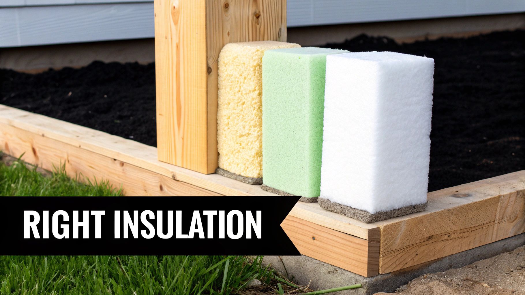 Different types of insulation materials, including yellow, green, and white foam, displayed next to a wooden beam.